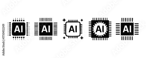 AI Icons and Symbols, Artificial Intelligence (AI) Icon Set: Chips, Gear, and Brain, illustration, vector