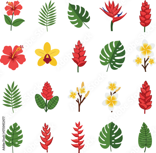 Vibrant Collection of Tropical Flowers and Leaves on White Background.