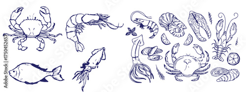 Vector illustration background, wallpaper, backdrop. Vintage hand drawn sketch. Collection of seafood