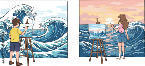 PrintChildren painting ocean scenes, boy painting wave, girl painting sunset, kids art class, seascape creativity, canvas easel, educational activity