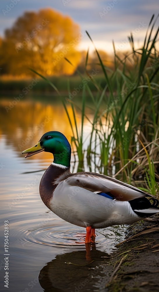 Fototapeta premium Mallard Duck by the Lake at Sunset - A Serene Wildlife Moment.