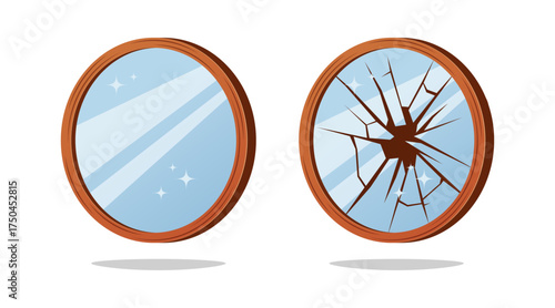 Wooden Frame with Broken Mirror and intact vector isolated on white background.