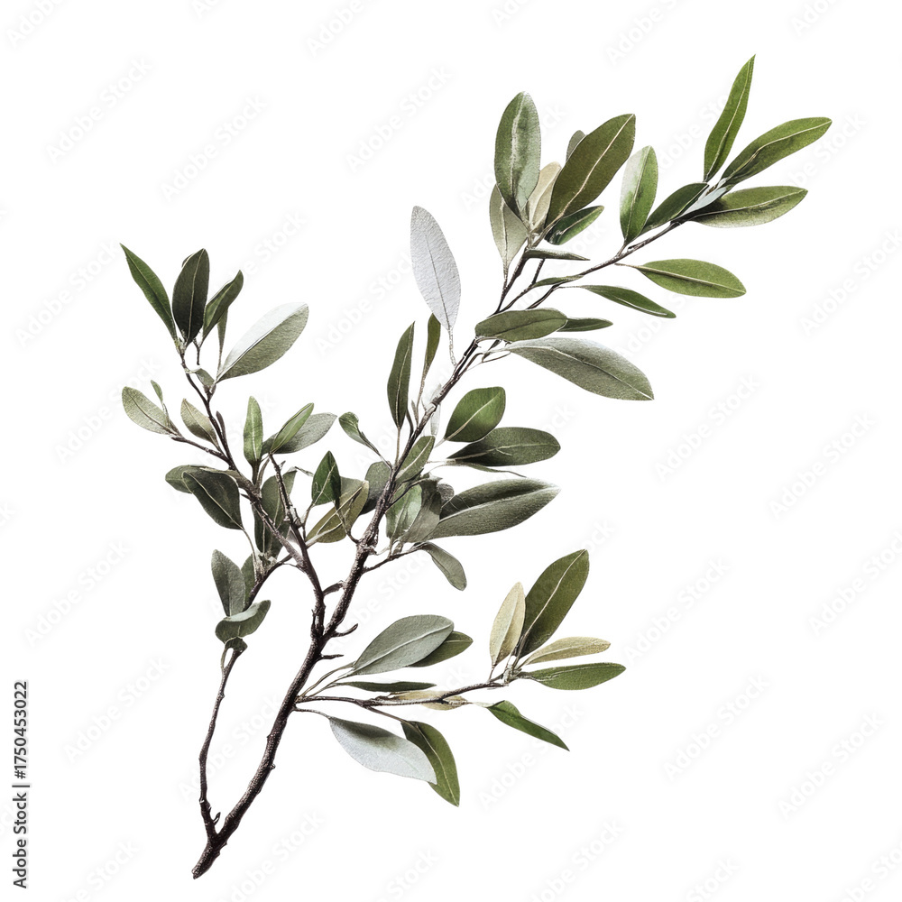 Fototapeta A branch of an olive tree with leaves, isolated on a white background. The image is transparent or a cutout transparent, alpha background png