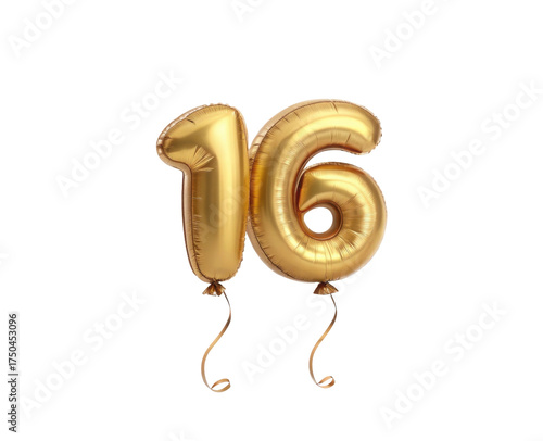 Gold Number Balloons Representing Sixteen at a Birthday Celebration with Transparent Background