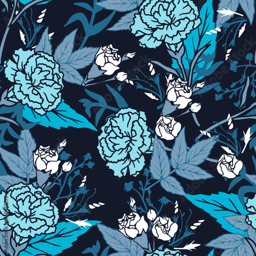 Navy Decorative Blue Carnation Floral Pattern. Elegant botanical design perfect for textiles, fashion, wallpapers, packaging, etc. Stylish floral pattern with a bold navy color palette.