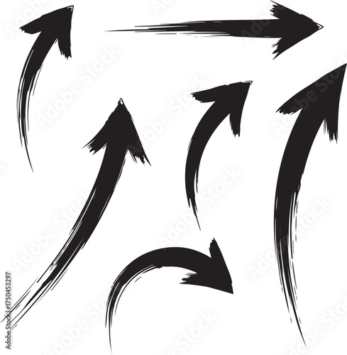 Collection of black brush stroke arrows various styles on transparent background silhouette