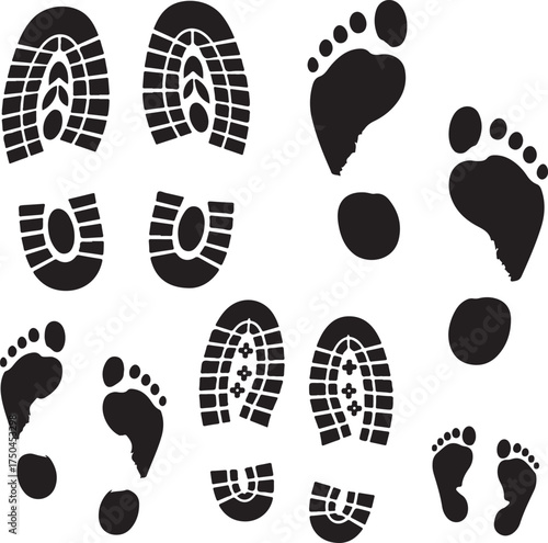 Various shoe and barefoot prints perfect for design work on transparent background silhouette