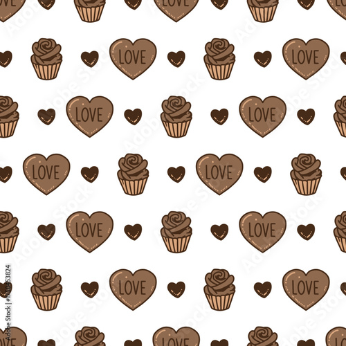 Valentine Sweet Treat Pattern with Chocolate Desserts. Perfect for Valentine Day, romantic, dessert packaging, gift, fabric, and holiday designs. Cute cartoon design for love and chocolate lovers.