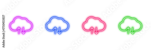 Neon glowing cloud upload download vector icons set, data storage, internet, network, computing, digital technology, vibrant outline illustration on transparent  background.