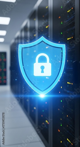 Data Center Security - Shield and Lock Protecting Servers.