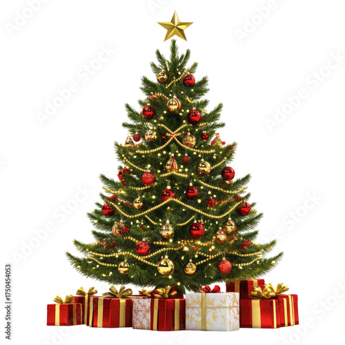 A Christmas tree adorned with golden and red ornaments, decorated in gold and silver colors, stands next to gift boxes isolated on a white background. transparent, alpha background png