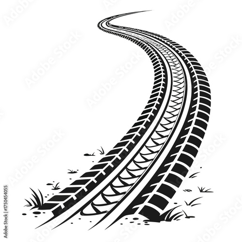 Black tire tracks with a detailed tread pattern and grass elements curving on a white background