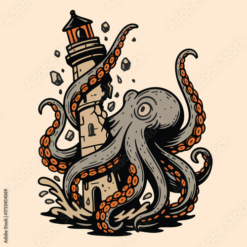 Giant Octopus Attacking Lighthouse – Vintage Vector Illustration