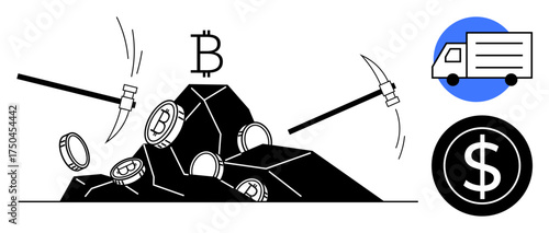 Coins being mined with pickaxes from rocks, Bitcoin symbol overhead. Delivery truck and dollar icon added. Ideal for cryptocurrency, blockchain, mining, economy, logistics, finance technology