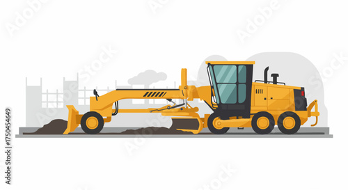 Yellow Motor Grader Leveling Ground in Construction Site Illustration.
