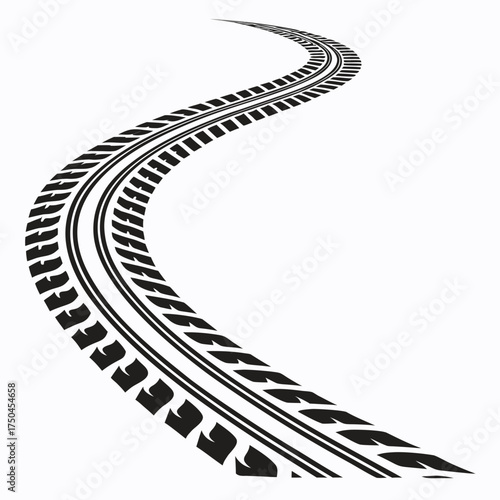 Clean black tire tracks with a repeating tread pattern curving on a white background tire tread