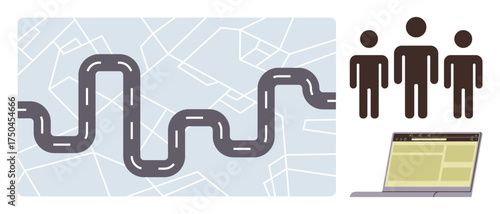Winding road overlaying map, three figures symbolizing teamwork, laptop for digital collaboration. Ideal for teamwork, planning, navigation, collaboration, strategy, urban design problem-solving