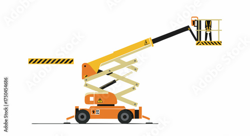 Orange aerial work platform with extended arm and safety cage.