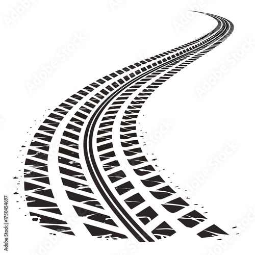 Black tire tread imprint with rough, smudged edges curving on a white background Keywords: tire track, tire tread, grunge, imprint, mark, dirty, asphalt, off road, vehicle, transportation, driving