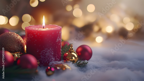 Christmas candle and decorations on a white background with copy space, in a red color theme with gold details.