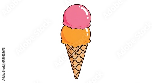 Colorful Double Scoop Ice Cream Cone Illustration on White.