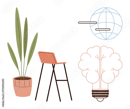Potted plant beside a modern barstool, brain-shaped lightbulb representing creativity, and globe network symbolizing global connections. Ideal for innovation, sustainability, education, teamwork