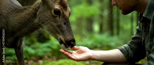 Man sitting still; wild deer slowly walks closer and sniffs his hand.