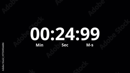 30 seconds countdown animation with transparent background, countdown timer from 30 seconds to 0 with minute, seconds and milliseconds, thirty seconds countdown timer with alpha channel in 4k.	