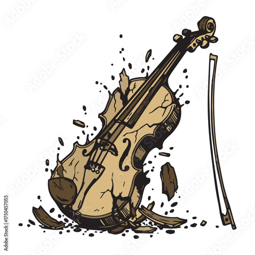 Illustration of a broken violin with cracks and splinters, bow intact.