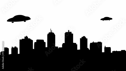 Mysterious flying objects hover above a silhouetted cityscape, creating an eerie yet intriguing scene