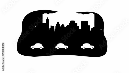 Urban silhouette with cityscape and cars driving creates a modern graphic illustration for city life