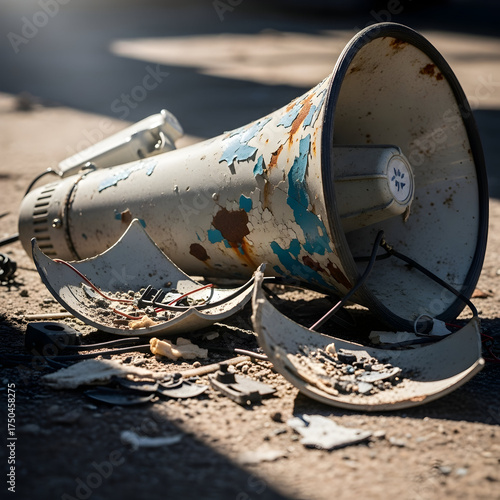 Broken megaphone on dusty ground, symbolizing silenced voices, failed communication, protest, or destruction.