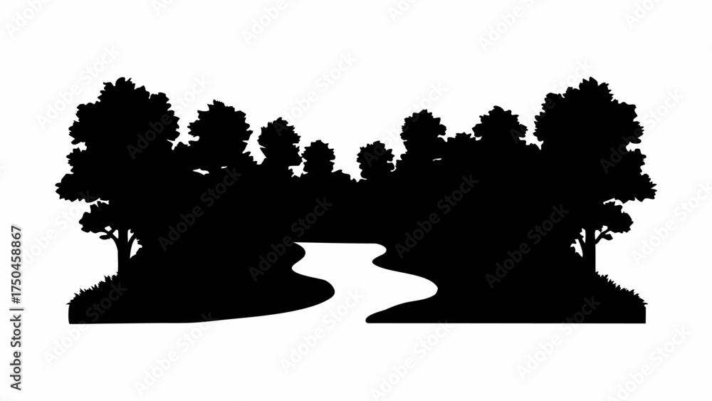 Fototapeta premium Serene forest silhouette with winding river, a peaceful nature scene perfect for design and branding