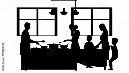 Silhouette of family preparing and serving food in kitchen evokes wholesome family values and togetherness