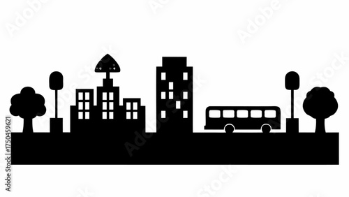 City skyline silhouette with buildings, trees, streetlights and bus evokes urban life and community spirit