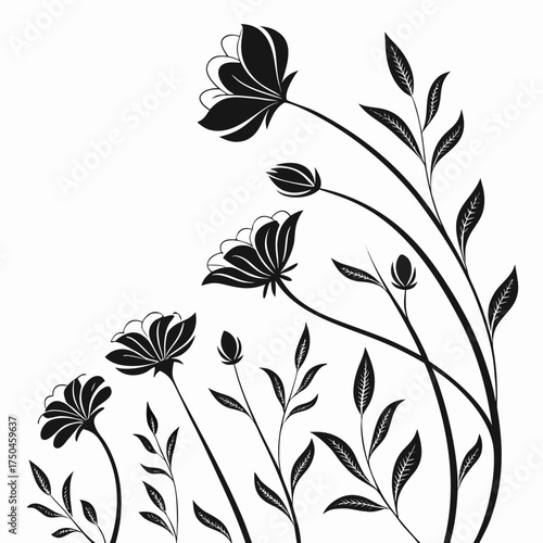Black silhouette of delicate flowers and leaves with flowing stems against a white background