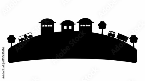 Silhouette of a charming, quirky village with buses going up and down hills, a playful graphic