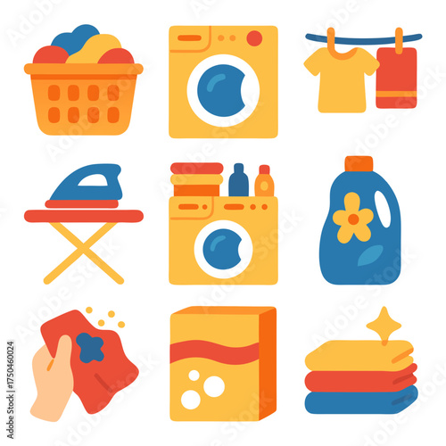 Laundry themed objects like washer, iron, and detergent. Suitable for cleaning supplies websites, household chore blog or household products ads.