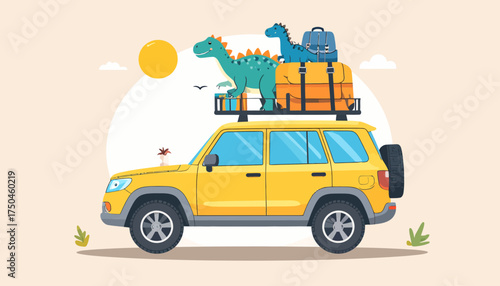 A yellow SUV loaded with luggage and toy dinosaurs ready for a road trip adventure under the bright sun.