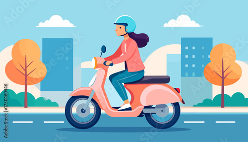 A woman in a helmet rides a pink scooter on a city street, passing buildings.