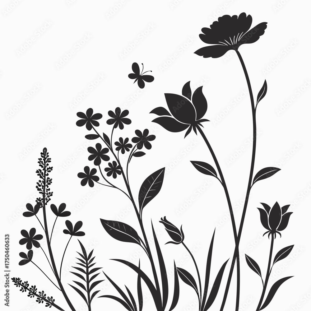 Obraz premium Black silhouette of various wildflowers and a butterfly against a white background nature floral