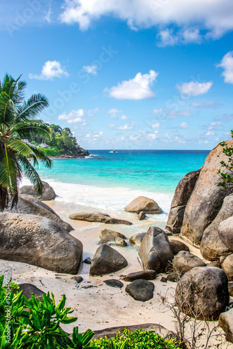 Tropical Beach on Mahé, Seychelles with blue Water and Palmtrees