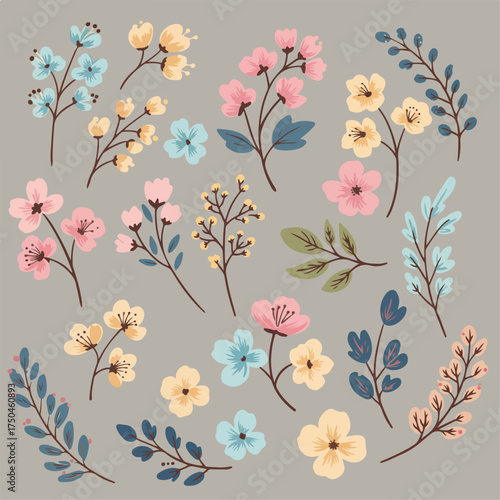 Collection of delicate hand drawn pastel flowers and leaves.