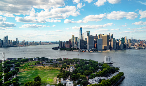 New York Skyline seen from above with Governors Island in the front and Financial District with Battery Park in the back