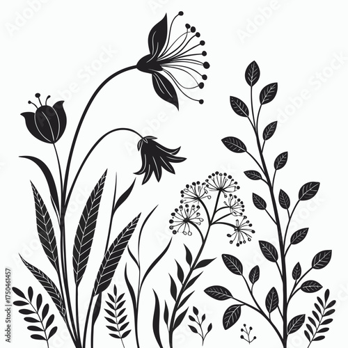 Collection of black silhouette wildflowers and foliage against a white background Keywords: wildflower, flower, floral, silhouette, black, white, background, botanical, nature, plant, bloom