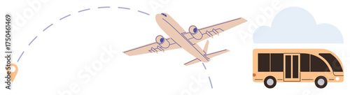 Airplane flying with dotted trajectory towards a destination marker and a bus parked near a cloud. Ideal for travel, transportation, logistics, planning, tourism, journey, connection. Simple flat