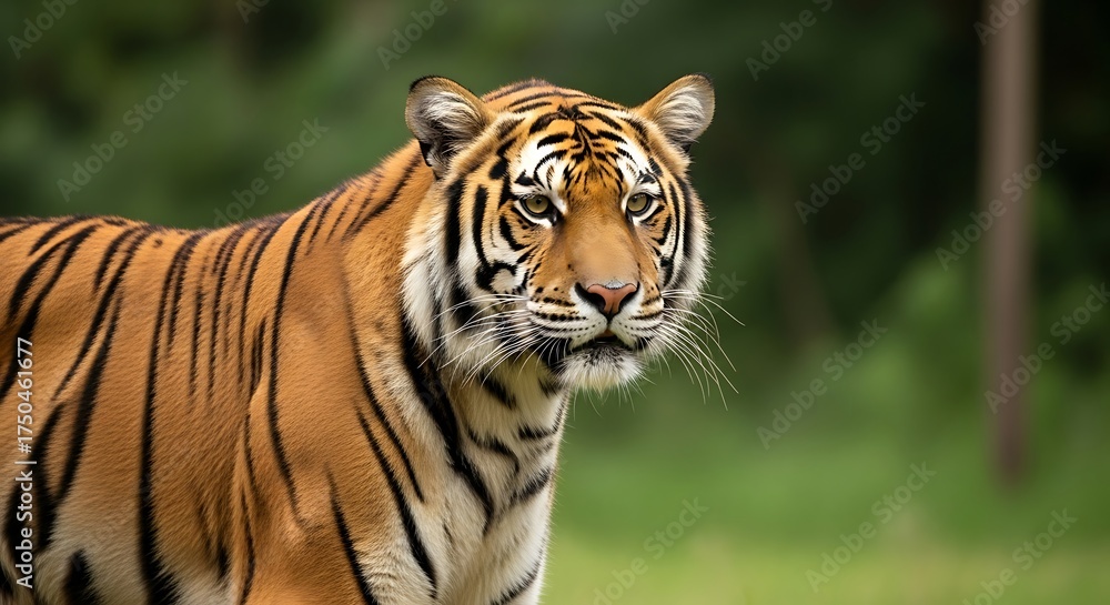 Fototapeta premium Majestic Tiger Stares Intently in Lush Green Habitat.