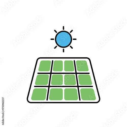 Vector icon of a solar panel with the sun, symbolizing photovoltaic cells, sustainable electricity, and eco-friendly green energy technology
