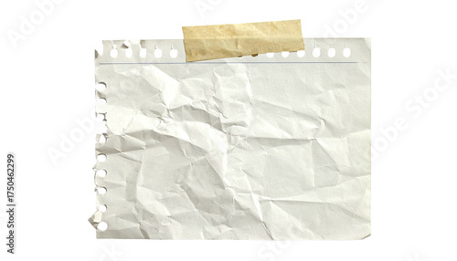 Crumbled white paper sheet, torn from a spiral, taped with a tan piece of tape