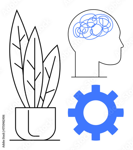 Head profile with abstract brain lines, gear wheel, and potted plant. Ideal for mental health, mindfulness, growth, innovation, productivity, eco-friendly ideas holistic balance simple flat
